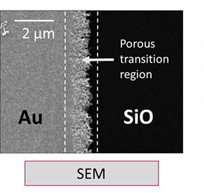 AFSEM C-AFM image of a gold electrode on a silicon substrate. (Figure 1) SEM image of the region of interest displaying the gold electrode with a porous transition region at the edge of the electrode structure.